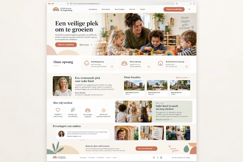 Voorbeeld van de ideale opbouw van een kinderopvang homepage